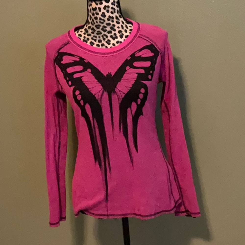 Women's Fuchsia Crewneck Sweater with Black Butterfly Graphic